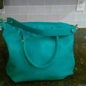 Large teal shoulder bag/satchel with gold accents